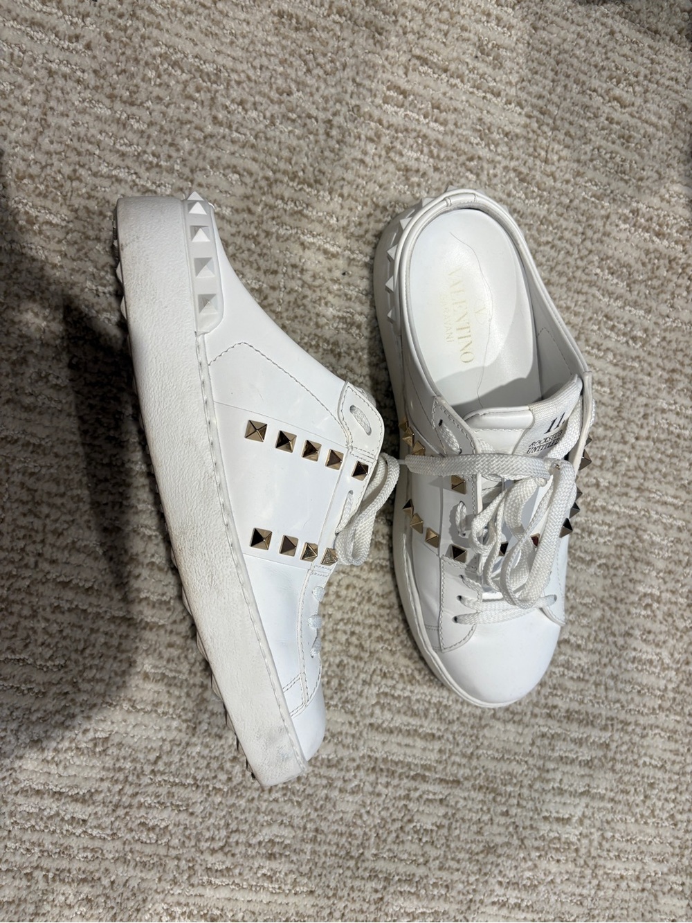 Valentino Garavani White Leather Sneakers with Gold Studs